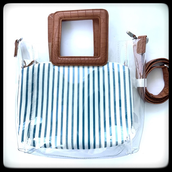 Handbags - NWT Vinyl Tote Bag Clear w/Blue/Wht stripe pouch